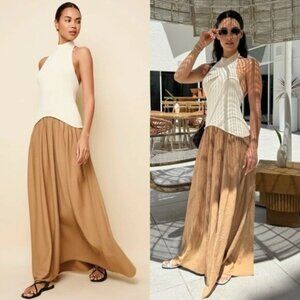 Solid and Striped Soglio Halter Ecru Camel Brown Maxi Dress Size L